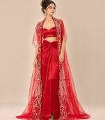 Red embroidered mashroo silk drape skirt set with embroidered cape