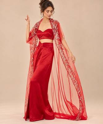 Red embroidered mashroo silk drape skirt set with embroidered cape 3