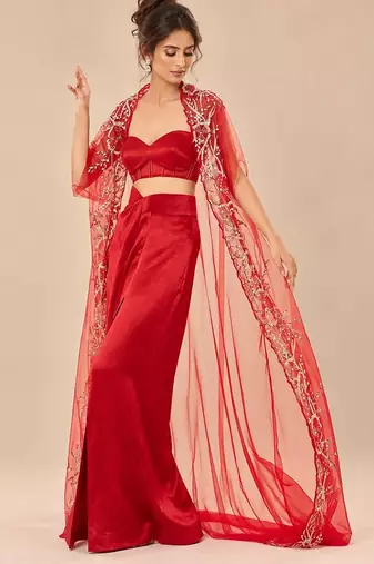 Red embroidered mashroo silk drape skirt set with embroidered cape