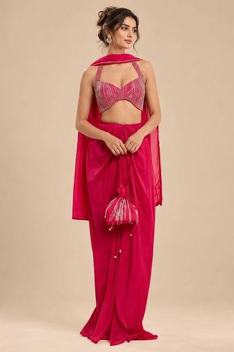 Hot pink embroidered satin organza dhoti set with potli and dupatta scarf