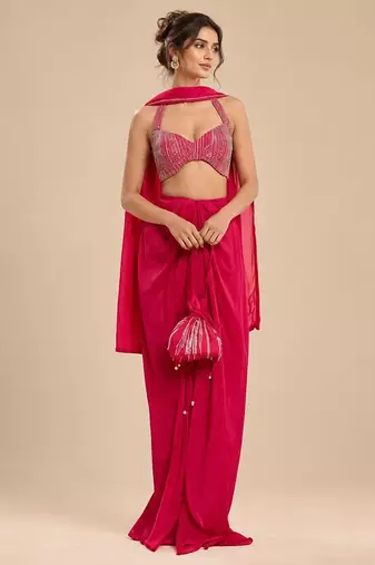Hot pink embroidered satin organza dhoti set with potli and dupatta scarf