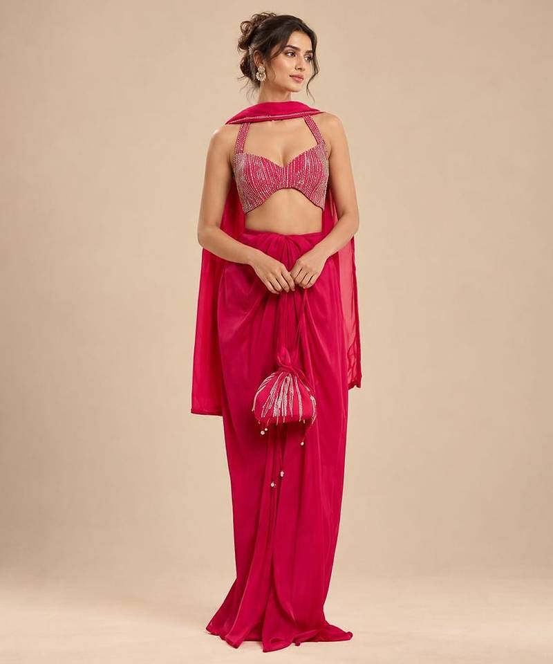 Hot pink embroidered satin organza dhoti set with potli and dupatta scarf