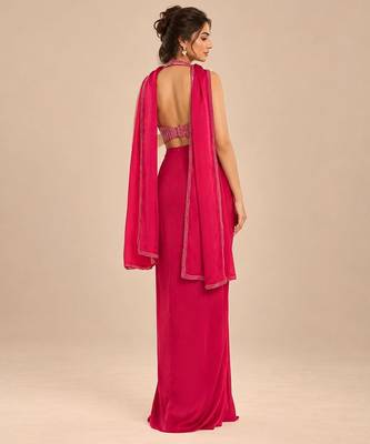 Hot pink embroidered satin organza dhoti set with potli and dupatta scarf 2
