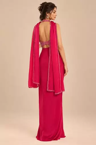 Hot pink embroidered satin organza dhoti set with potli and dupatta scarf
