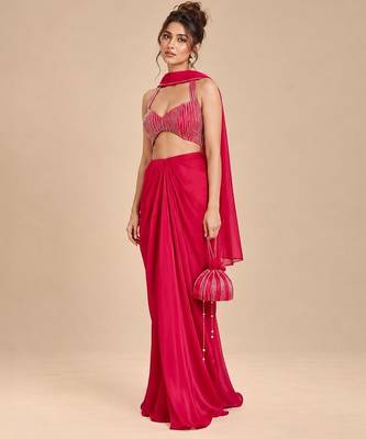 Hot pink embroidered satin organza dhoti set with potli and dupatta scarf 3
