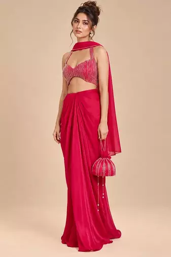Hot pink embroidered satin organza dhoti set with potli and dupatta scarf