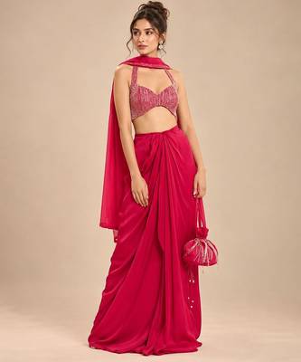 Hot pink embroidered satin organza dhoti set with potli and dupatta scarf 4