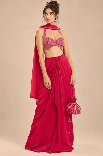 Hot pink embroidered satin organza dhoti set with potli and dupatta scarf