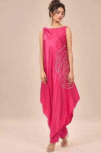 Hot pink embroidered mashroo silk kurta and pant set