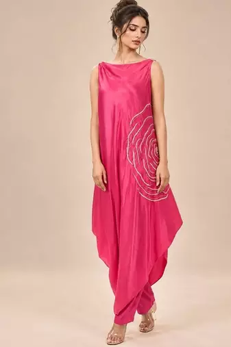 Hot pink embroidered mashroo silk kurta and pant set