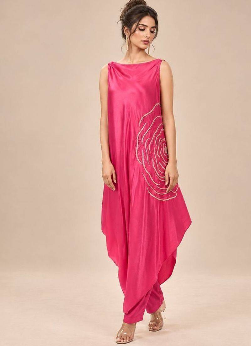 Hot pink embroidered mashroo silk kurta and pant set