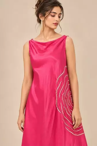 Hot pink embroidered mashroo silk kurta and pant set
