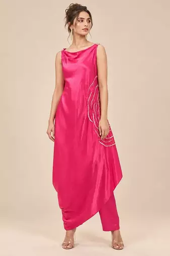 Hot pink embroidered mashroo silk kurta and pant set