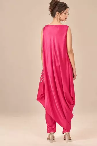 Hot pink embroidered mashroo silk kurta and pant set