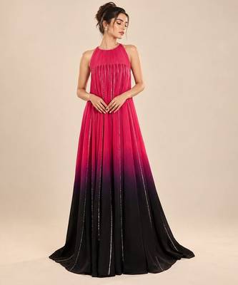 Hot pink and black ombre embroidered satin organza gown 1