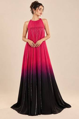 Hot pink and black ombre embroidered satin organza gown