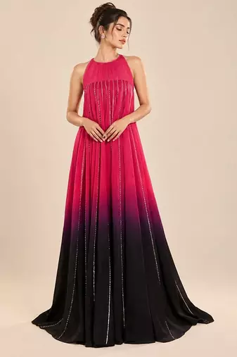 Hot pink and black ombre embroidered satin organza gown