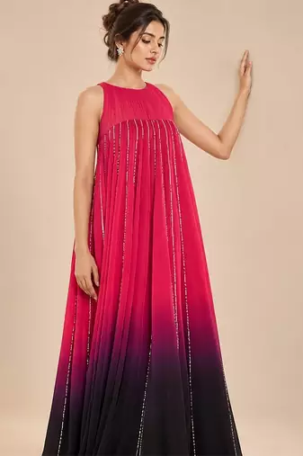 Hot pink and black ombre embroidered satin organza gown