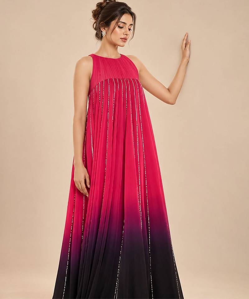 Hot pink and black ombre embroidered satin organza gown