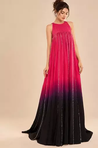 Hot pink and black ombre embroidered satin organza gown