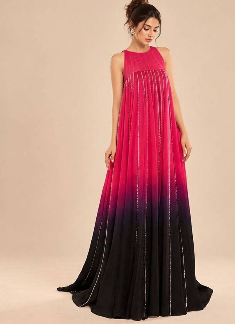 Hot pink and black ombre embroidered satin organza gown