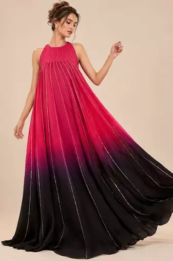 Hot pink and black ombre embroidered satin organza gown