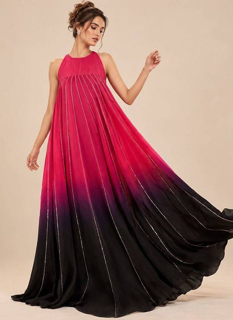 Hot pink and black ombre embroidered satin organza gown