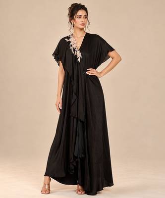 Black embroidered modal satin kaftan 1