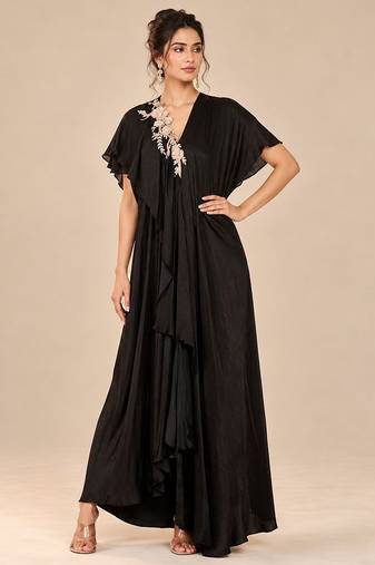 Black embroidered modal satin kaftan
