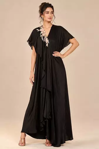 Black embroidered modal satin kaftan