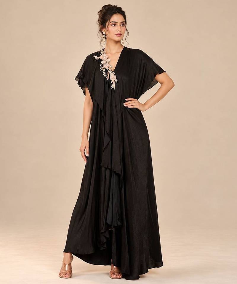 Black embroidered modal satin kaftan