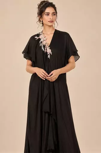 Black embroidered modal satin kaftan