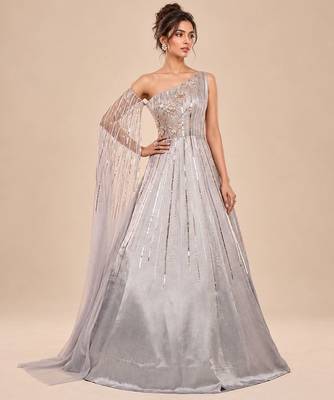 Grey one shoulder embroidered mashroo silk gown with drape 1