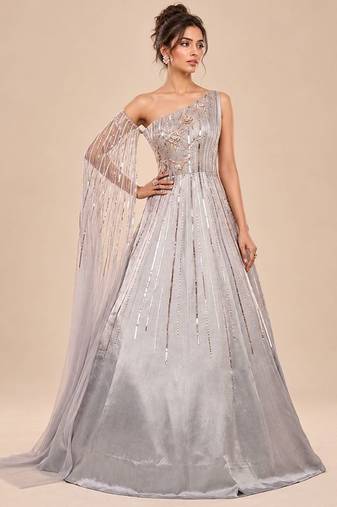 Grey one shoulder embroidered mashroo silk gown with drape