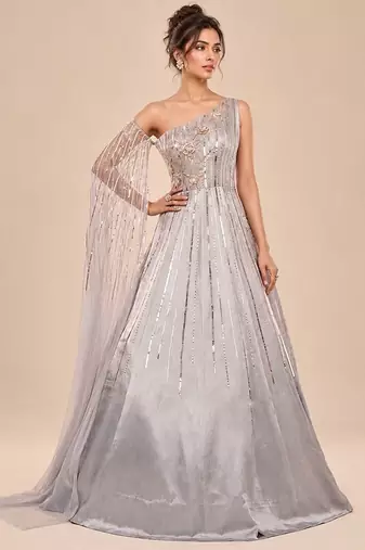 Grey one shoulder embroidered mashroo silk gown with drape