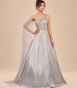 Grey one shoulder embroidered mashroo silk gown with drape