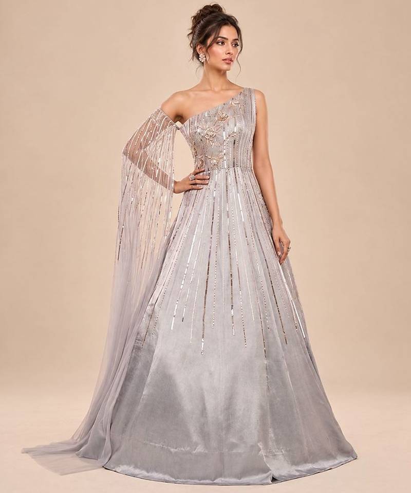 Grey one shoulder embroidered mashroo silk gown with drape