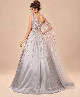 Grey one shoulder embroidered mashroo silk gown with drape 2