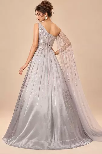 Grey one shoulder embroidered mashroo silk gown with drape