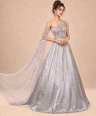 Grey one shoulder embroidered mashroo silk gown with drape 3