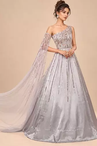 Grey one shoulder embroidered mashroo silk gown with drape