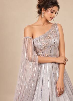 Grey one shoulder embroidered mashroo silk gown with drape 4