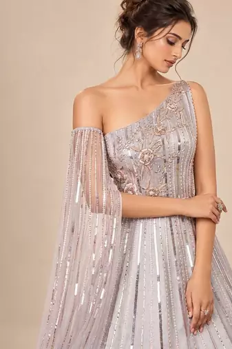 Grey one shoulder embroidered mashroo silk gown with drape