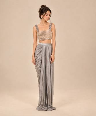 Grey embroidered modal satin drape skirt set 1