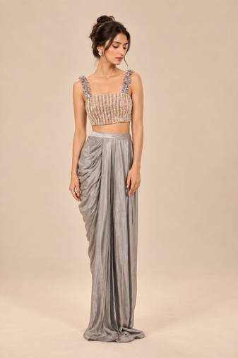 Grey embroidered modal satin drape skirt set