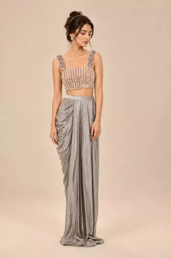 Grey embroidered modal satin drape skirt set