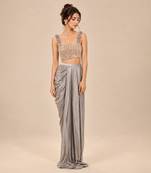 Grey embroidered modal satin drape skirt set
