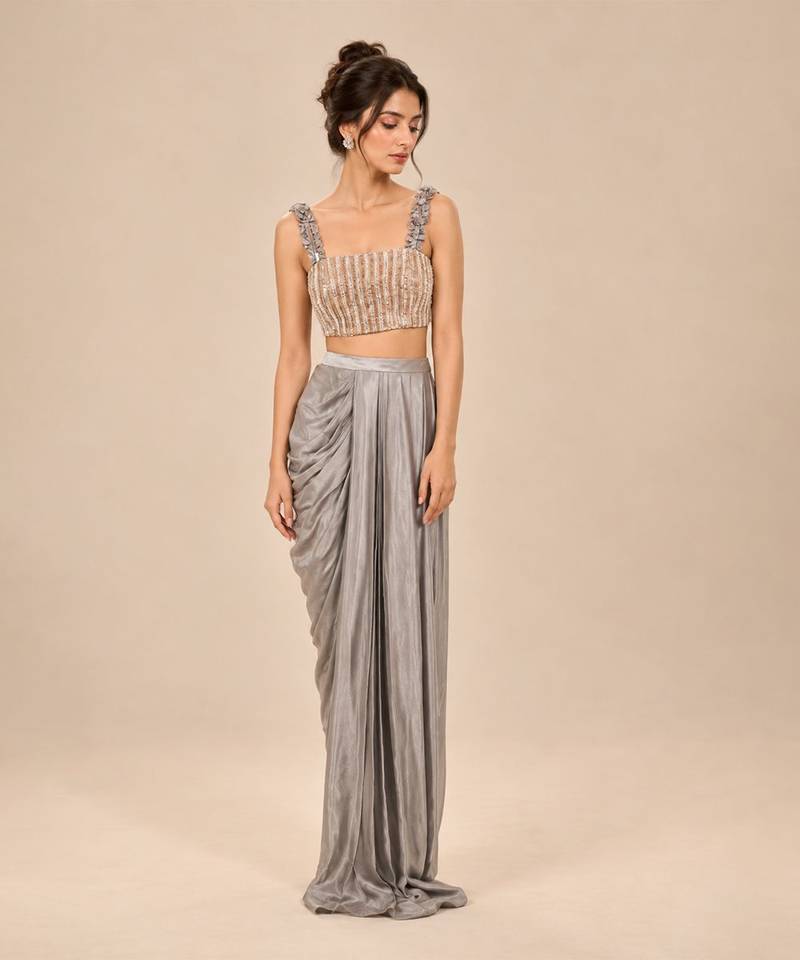 Grey embroidered modal satin drape skirt set