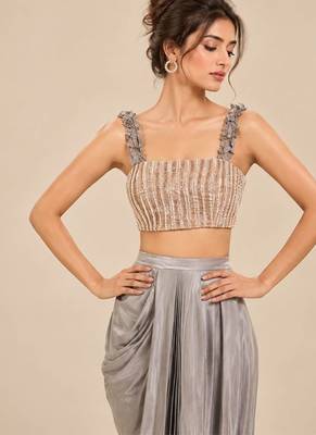 Grey embroidered modal satin drape skirt set 2