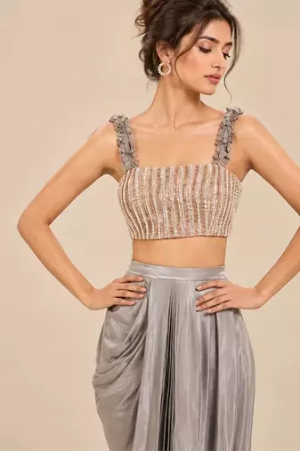 Grey embroidered modal satin drape skirt set